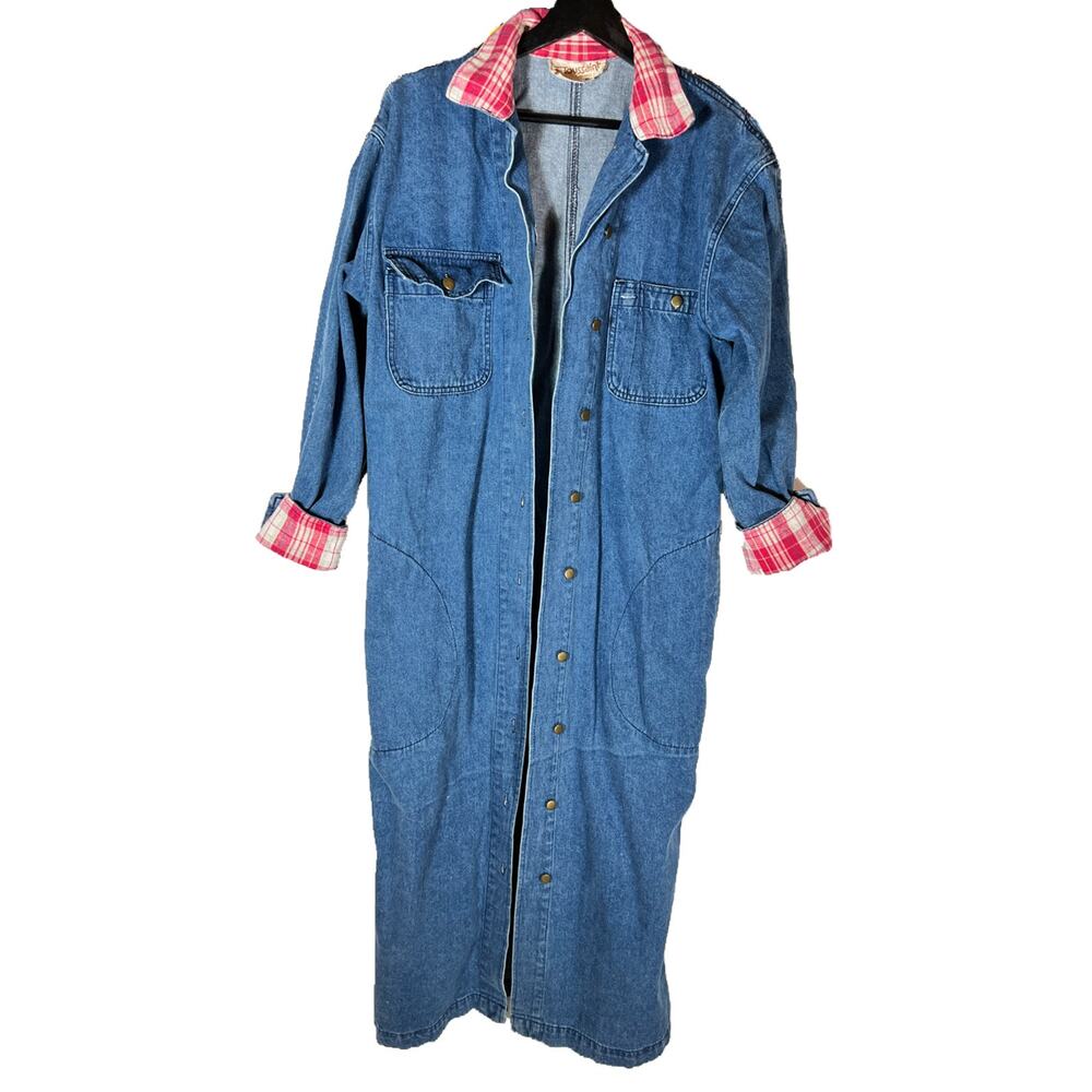 1980's VINTAGE Denim & Plaid Flannel Duster Coat Southwestern Cowgirl